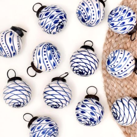 12 Pieces Blue and White Ceramic Balls Christmas Ornaments